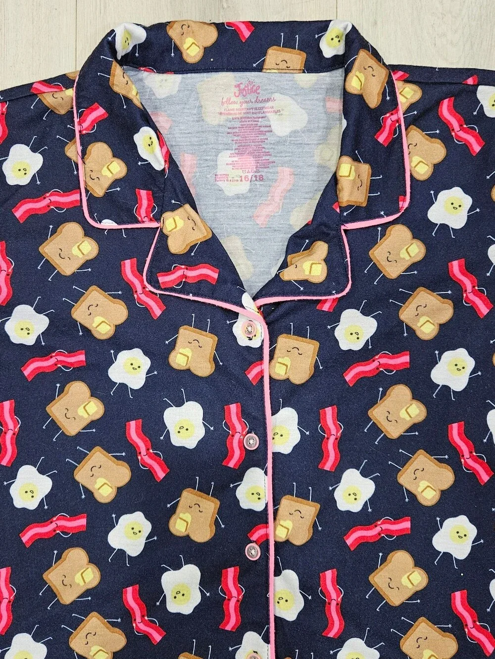 Justice Bacon Eggs Toast Faces Anthropomorphic  Pajama Top Button Front Sz 16/18